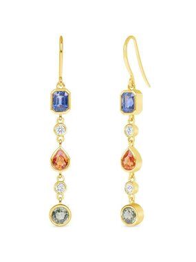 14K Yellow Gold 3.33 CT Multicolor Sapphires and 0.20 CT Diamond Dangle Earrings